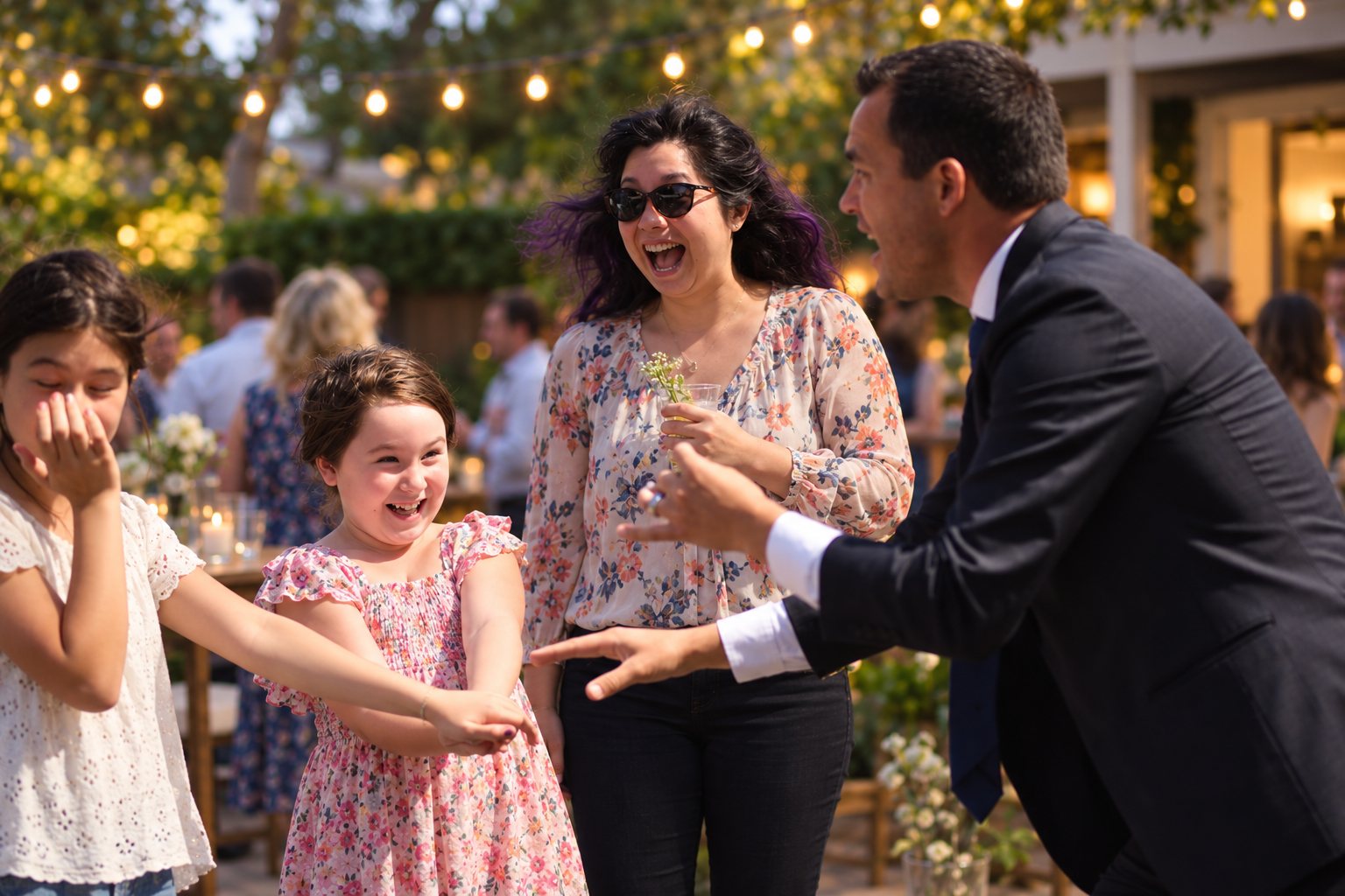 Kris performing close-up magic for delighted guests at a backyard celebration